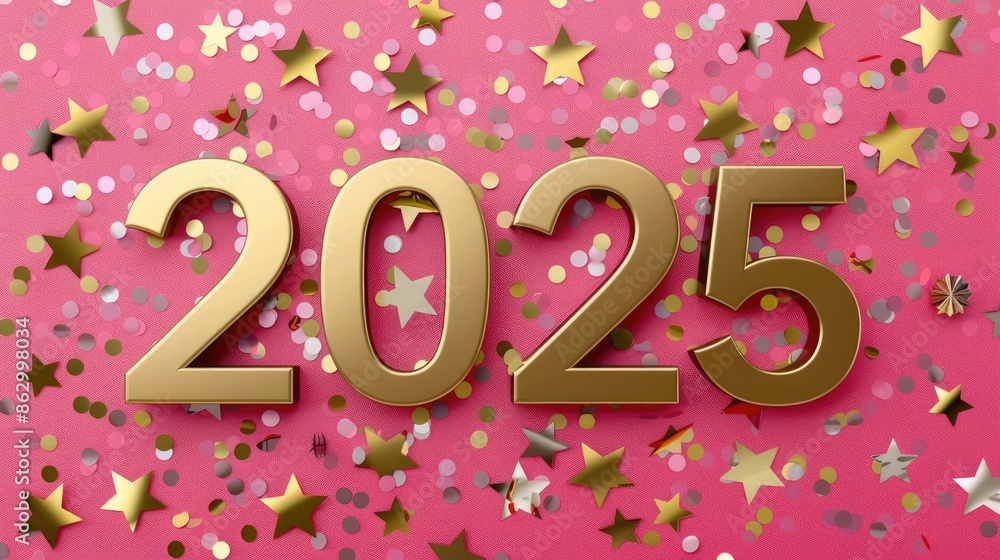 Golden 2025 on Pink Confetti Background