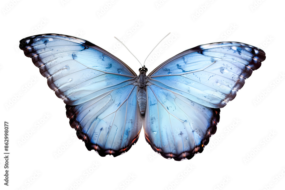 Obraz premium Blue morpho butterfly isolated on white. Vibrant blue morpho butterfly with intricate wing patterns, set against a clean white background.