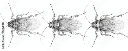 Cockroach nymph stages, scientific element, detailed illustration, monochrome, isolated on white background photo