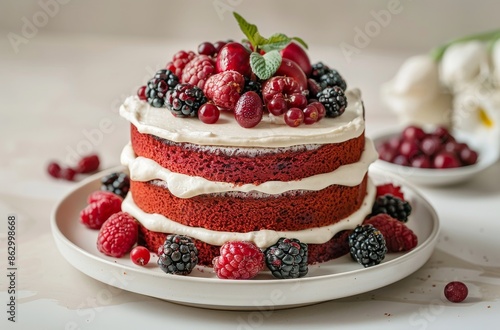 Wallpaper Mural Red Velvet Cake Topped With Fresh Berries and Cream Torontodigital.ca