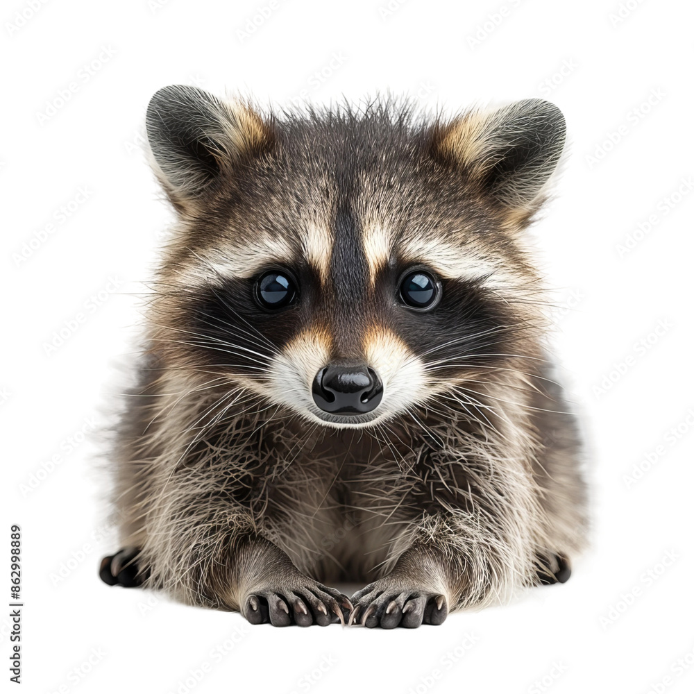 photo of a curious raccoon isolated on a white background, capturing its masked face and dexterous paws photo of a curious raccoon isolated on a white background, capturing its masked face and dexterous paws