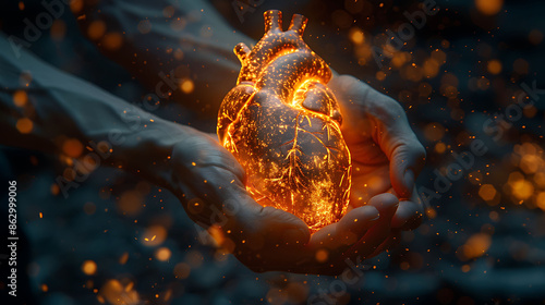 Man cardiomyopathy glowing depiction of the heart showing enlarged weakened heart muscle photo