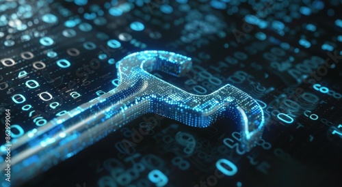 Digital Wrench Symbol on Binary Code Background