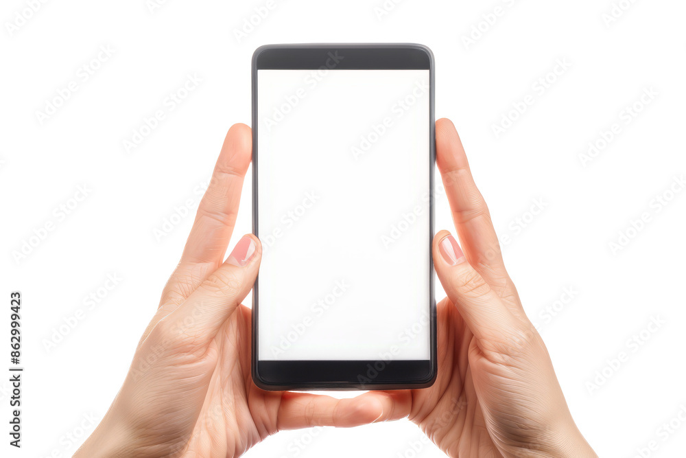 Hands holding smartphone blank screen isolated. Woman holding modern black smartphone with blank screen isolated on white background, ideal for app or website mockups Hands holding smartphone blank screen isolated. Woman holding modern black smartphone with blank screen isolated on white background, ideal for app or website mockups