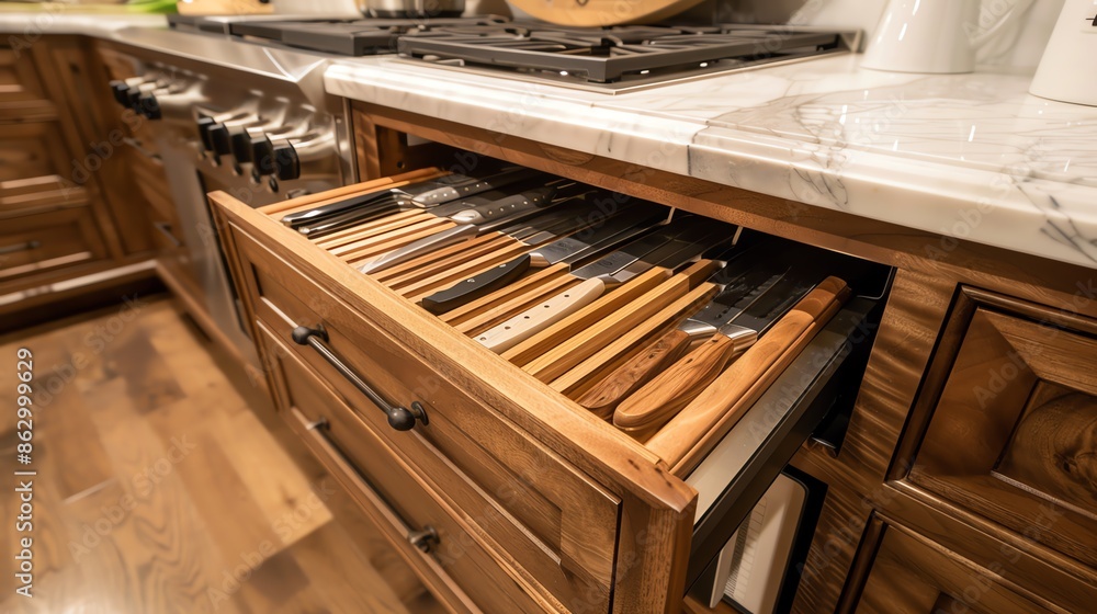 A kitchen with a custom knife block drawer A kitchen with a custom knife block drawer