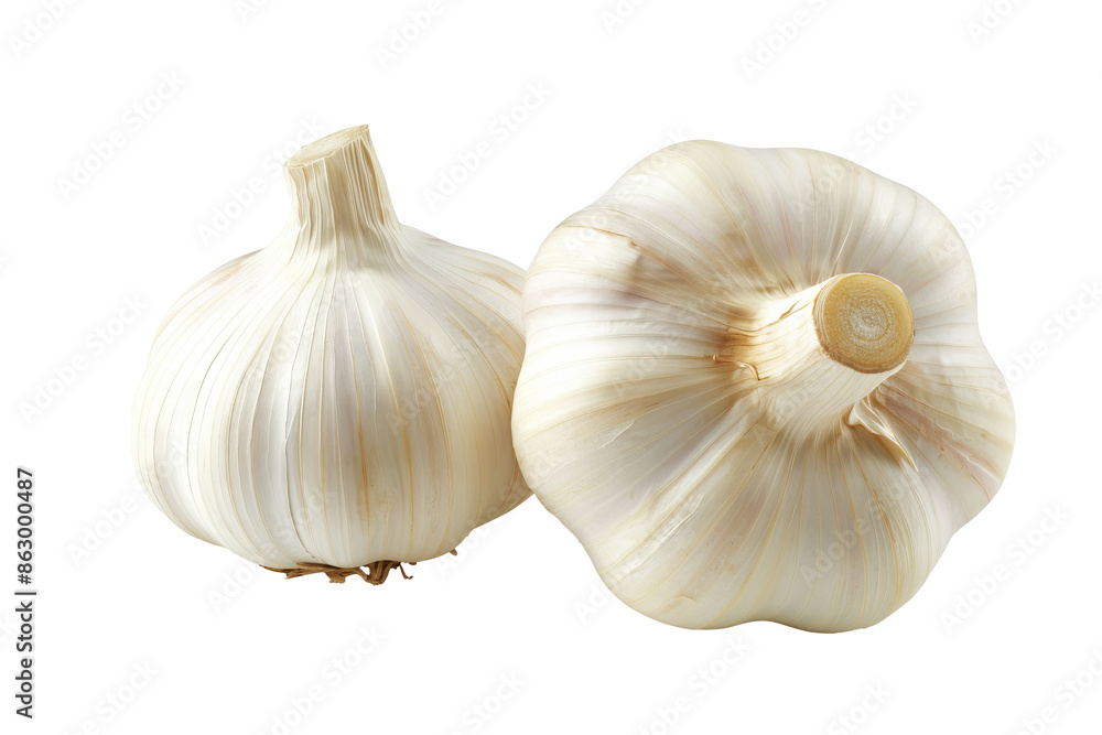 Obraz premium Two garlic bulbs on white background. Two whole garlic bulbs with papery skin, isolated on a white background. Fresh and ready to use in cooking.