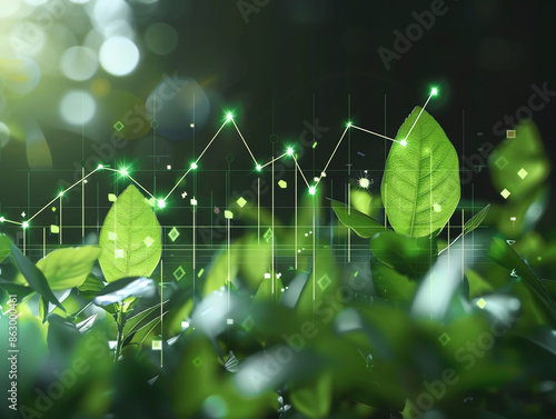 Digital visualization of environmental growth trends with lush green leaves and illuminated data lines indicating progressive metrics.