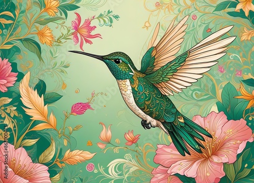 A vibrant illustration of a hummingbird and pink and gold flowers