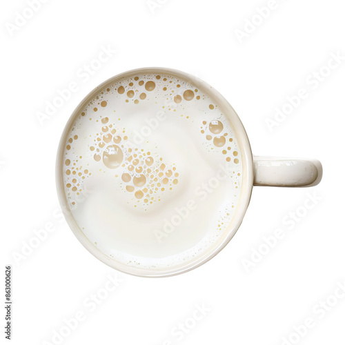 Top view of frothy milk coffee cup. Overhead view of a creamy coffee cup with delicate milk foam, perfect for beverage and cafe visuals. photo