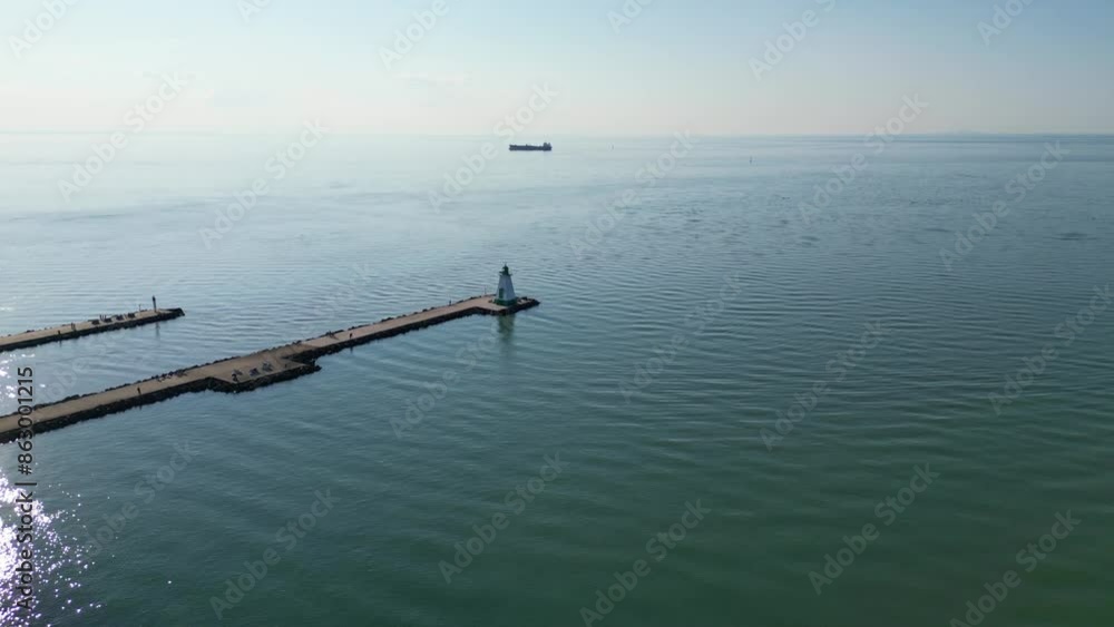 Aerial over Port Dalhousie Pier and lighthouse towards a freighter ship on Lake Ontario, near Lakeside Park and the harbour in St. Catharines, Ontario, Canada in summer of June, 2024. Aerial over Port Dalhousie Pier and lighthouse towards a freighter ship on Lake Ontario, near Lakeside Park and the harbour in St. Catharines, Ontario, Canada in summer of June, 2024.