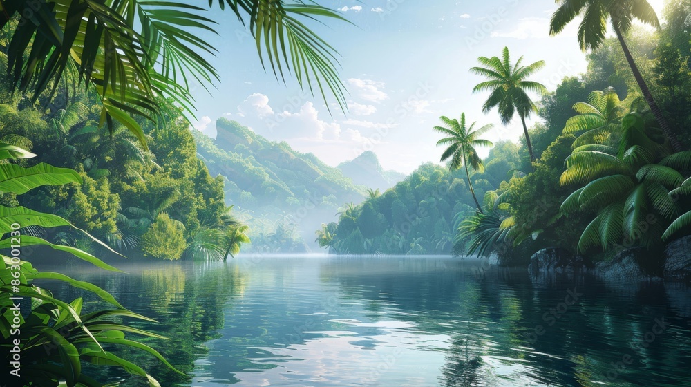 Obraz premium Illustration of Isolated bay with calm waters and lush jungle surroundings