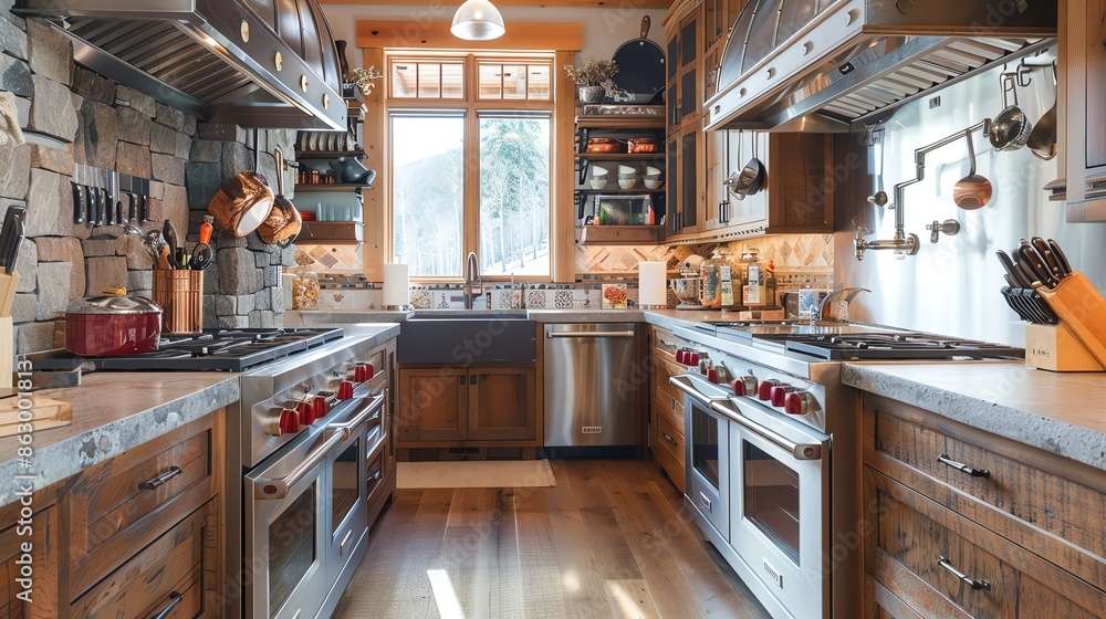A kitchen with a pullout pot rack
