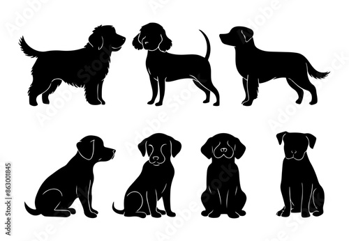 Graceful Dog Silhouette Against a White Backdrop. Cute Dogs, puppies, and pets in different poses vector set collection.