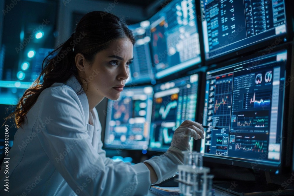 A female scientist working in a laboratory, looking at data on multiple monitors.