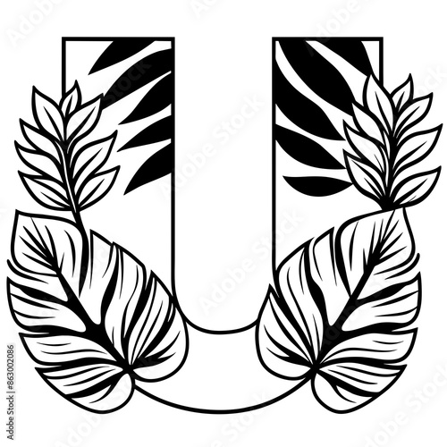letter u with leaf design stylish line art vector illustration