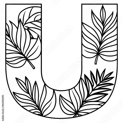 letter u with leaf design stylish line art vector illustration