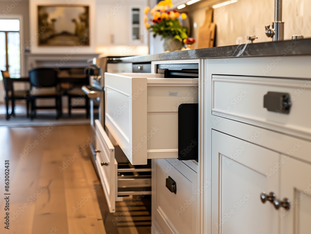 A kitchen with a pullout trash can A kitchen with a pullout trash can