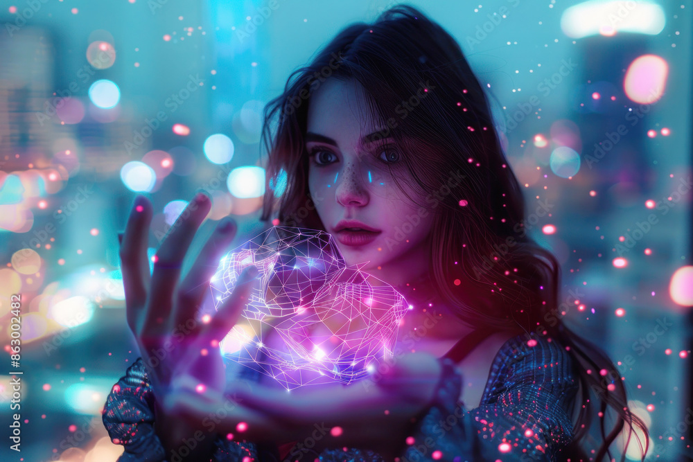Modern Witch Casting Spell with Holographic Symbols in Urban Cityscape at Dusk with Neon Lights Modern Witch Casting Spell with Holographic Symbols in Urban Cityscape at Dusk with Neon Lights