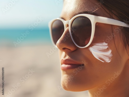 A woman with white sunglasses on her face is applying sunscreen