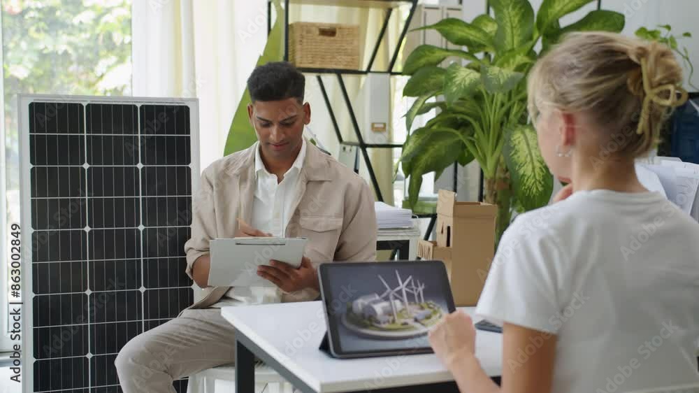 Medium long shot of woman asking male Indian engineer about solar panel and methods of alternative energy work at green office Medium long shot of woman asking male Indian engineer about solar panel and methods of alternative energy work at green office