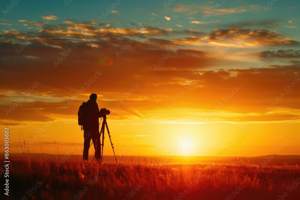 Photographer silhouette against sunset background. Photographer silhouette against sunset background.