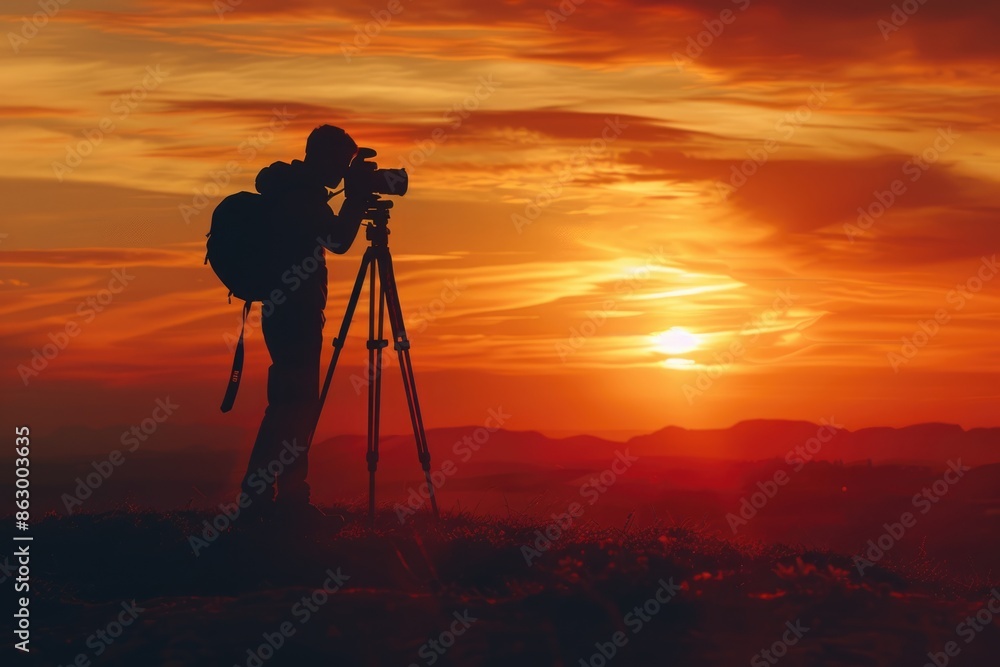 Photographer silhouette against sunset background. Photographer silhouette against sunset background.