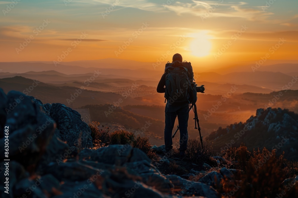 Silhouette of photographer capturing model in mountain setting. Silhouette of photographer capturing model in mountain setting.