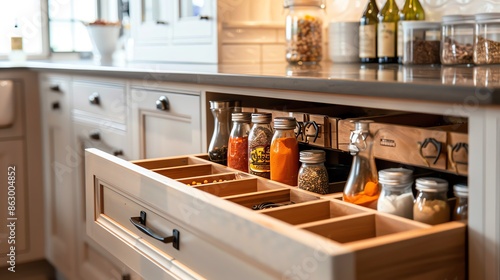 A kitchen with pullout spice drawers