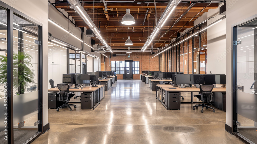 A large open office space with many desks and chairs A large open office space with many desks and chairs