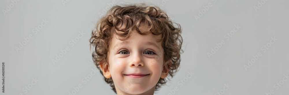 Happy little boy with curly hair and a smile on his face, closeup portrait, joyful childhood expression Happy little boy with curly hair and a smile on his face, closeup portrait, joyful childhood expression