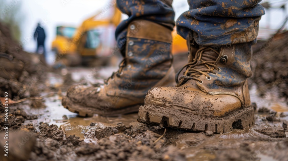 A close-up of muddy construction boots on a worker at a construction site A close-up of muddy construction boots on a worker at a construction site