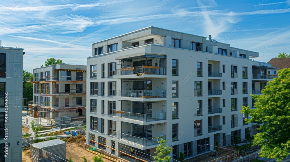 A large white building with a balcony and a tree in front of it A large white building with a balcony and a tree in front of it