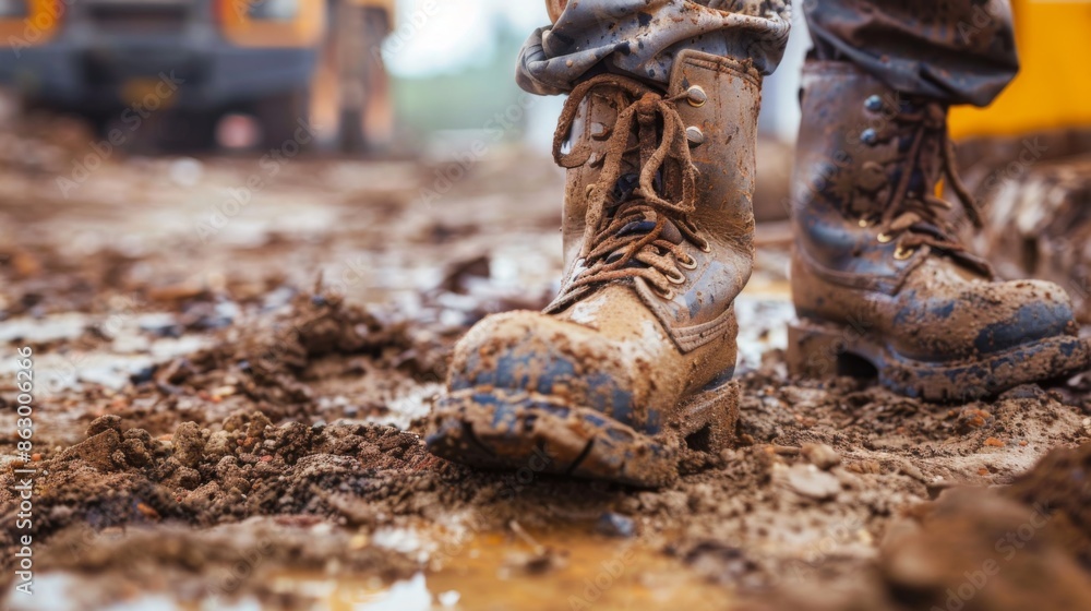 A close-up of muddy construction boots on a worker at a construction site A close-up of muddy construction boots on a worker at a construction site