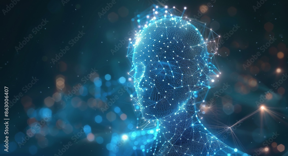 Digital Human Profile Formed By Connected Dots On Blue Background Digital Human Profile Formed By Connected Dots On Blue Background