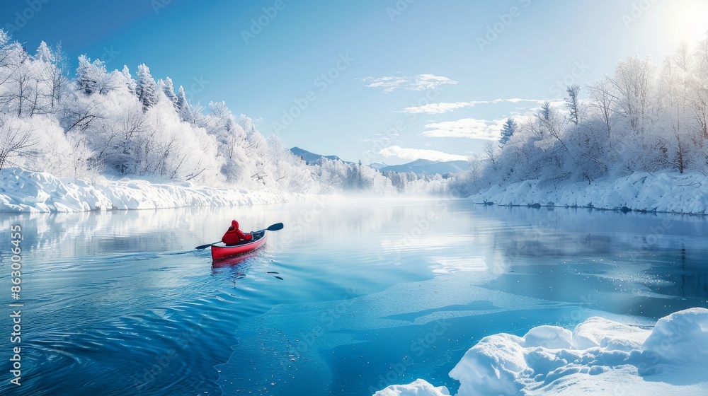 Obraz premium A lone kayaker in a red kayak paddles on a serene, icy river surrounded by snow-covered trees and mountains on a clear, sunny winter day.
