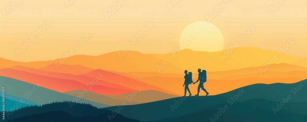 A couple hiking in the mountains, silhouetted against a stunning sunset with layered hills and a golden sky. A couple hiking in the mountains, silhouetted against a stunning sunset with layered hills and a golden sky.