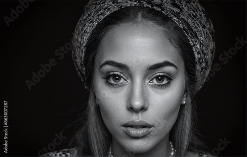 Bold black and white portrait of a young woman with rasta hair, showcasing a confident expression that radiates self-assurance and strength. photo