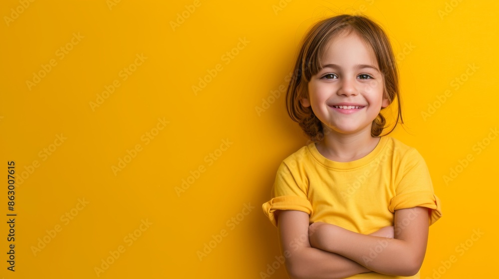 A happy child standing confidently on a yellow background A happy child standing confidently on a yellow background