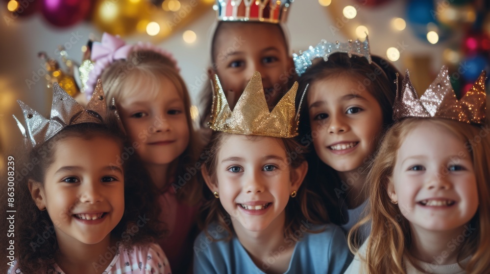 A group of kids wearing shiny crowns, standing proudly and smiling confidently, feeling like little princesses A group of kids wearing shiny crowns, standing proudly and smiling confidently, feeling like little princesses