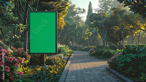 Fototapeta Naklejka Na Ścianę i Meble -  Empty billboard with a green screen stands next to a walkway in a lush park setting, perfect for advertising or promotional use.