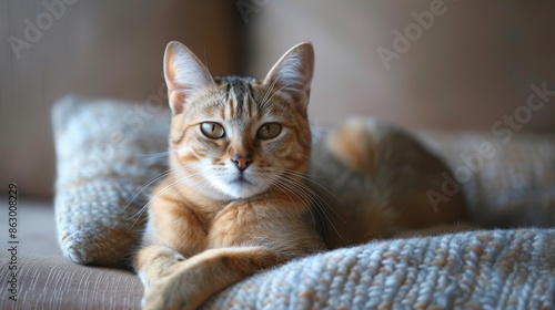 friendly cat sitting on a plush rug in a clean studio, gazing at the camera with a calm and affectionate look, copy space. ai generated © Andrei
