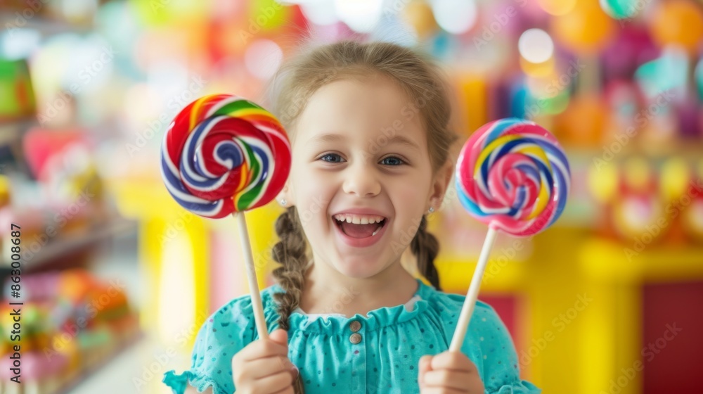 A little girl holding two colorful lollipops, smiling widely and having fun in a candy store or a bright, playful setting A little girl holding two colorful lollipops, smiling widely and having fun in a candy store or a bright, playful setting