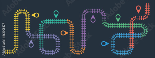 Railroad tracks infographic. Business template with 8 options or steps. Railway simple icon, rail track direction, train tracks colorful vector illustration on a black background.