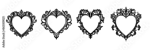 Gothic heart frame set, vector vintage baroque border, dark classic antique ornament, floral swirl. Victorian love mystic tattoo, elegant magic decoration with copy space. Halloween gothic frame kit
