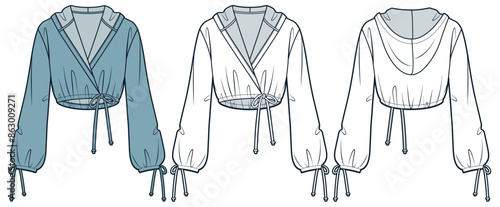 Hooded Top technical fashion illustration. Wrap Shirt fashion flat technical drawing template, drawstring, relaxed fit, front and back view, white, green blue, women, men, unisex Top CAD mockup set.