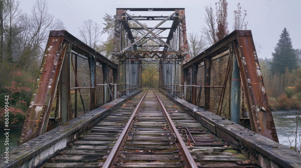 An old train bridge crossing a serene river with lush greenery in the background An old train bridge crossing a serene river with lush greenery in the background