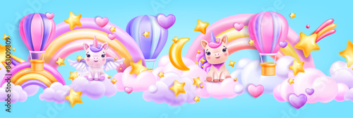 3D cartoon sky seamless border, vector baby unicorn banner, kawaii rainbow, pastel clouds, stars. Children bedroom decoration wallpaper, fairy tale pony, magic children poster. 3D sky horizontal frame