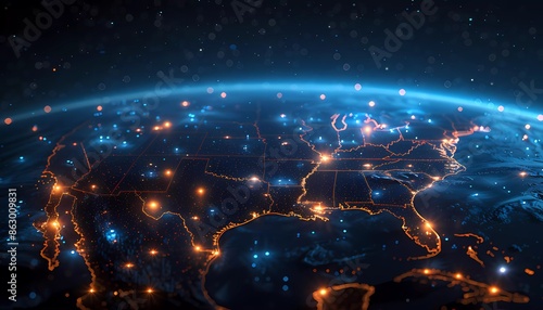 Celestial Communications, A blend of digital and astronomical, global communication coverage, North America is depicted with satellite orbits and communication signals intertwined.