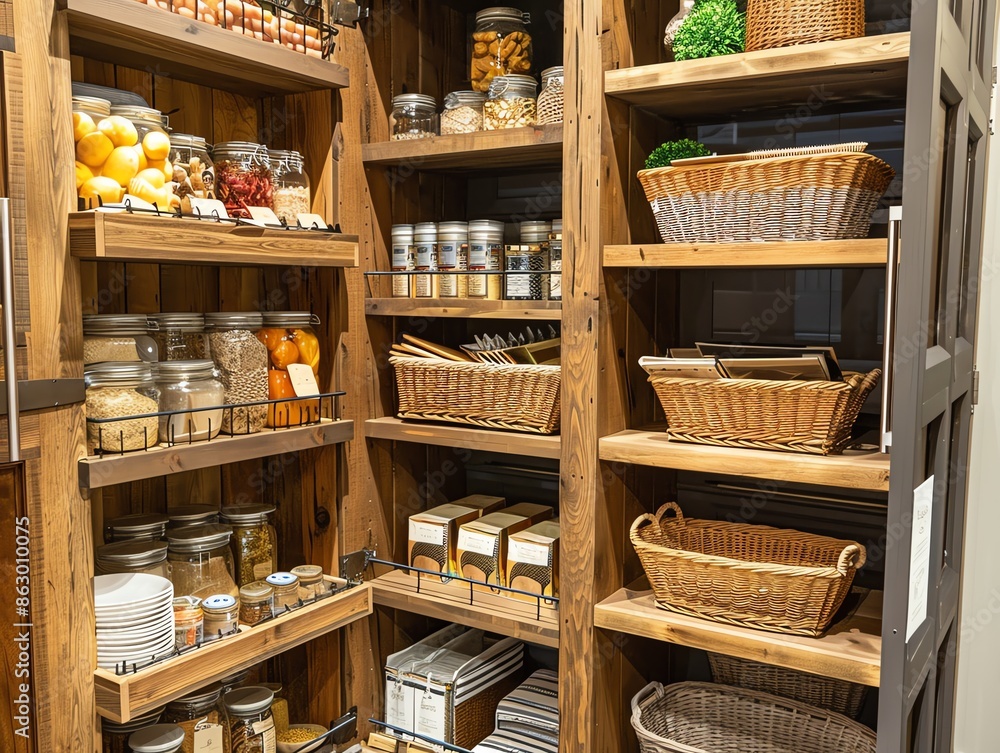 A pantry with pullout shelves and baskets A pantry with pullout shelves and baskets