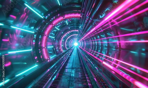 Fototapeta Naklejka Na Ścianę i Meble -  Abstract High-Speed Data Transfer Tunnel with Pink, Blue, and Green Neon Waves and Glare Lights for Sci-Fi Background